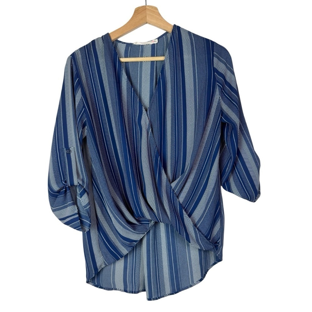 Lush Blue & White Print Wrap Front Long Sleeve Blouse XS